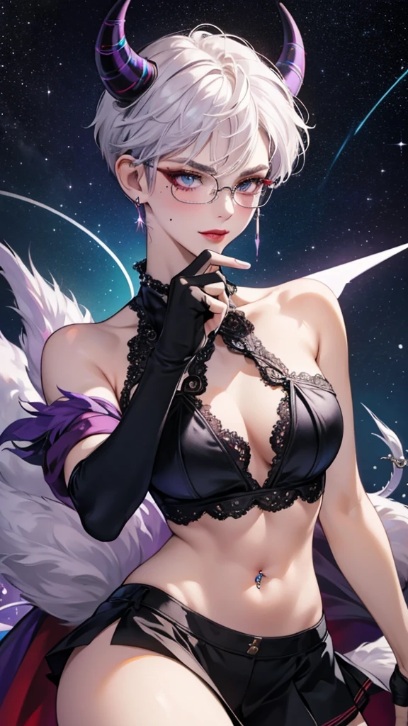 8k, masterpiece, best quality, highly detailed, 1 girl, tiefling, warlock, pixie cut, multicolored hair, very short straight hair red highlight hair on white hair, strippled hair, wearing glasses, round glasses, earrings, navel piercing, red eyeshadow, long eyelashes, blushed cheek, red lips, pearl necklace, rings, collarbone, mole on face, glamorous, teal and purple clothes, sleeveless, miniskirt, smirk, close up view, rings, looking at viewer, demon horns, solo, starry sky, pale blue moon, standing, boxing stance, demonic arms, chains on the background, black lace gloves.