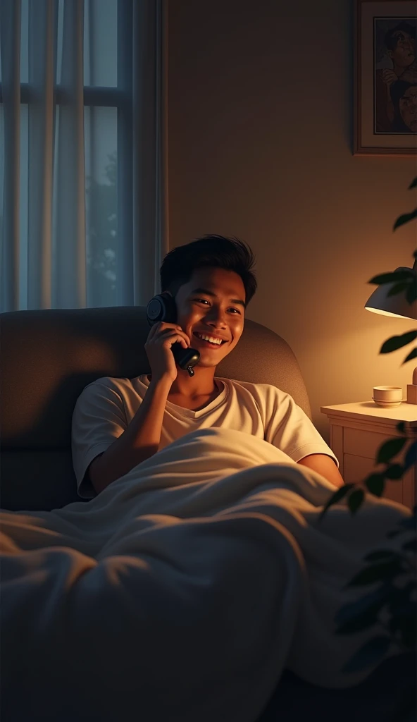 Indonesian male 30 years old smiling on the phone on the desk phone while dreaming without clothes on with a blanket under his stomach on the sofa in the living room at night