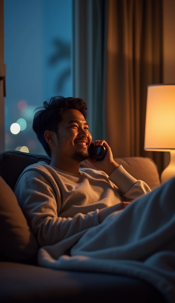 Indonesian male 30 years old smiling on the phone on the desk phone while dreaming without clothes on with a blanket under his stomach on the sofa in the living room at night