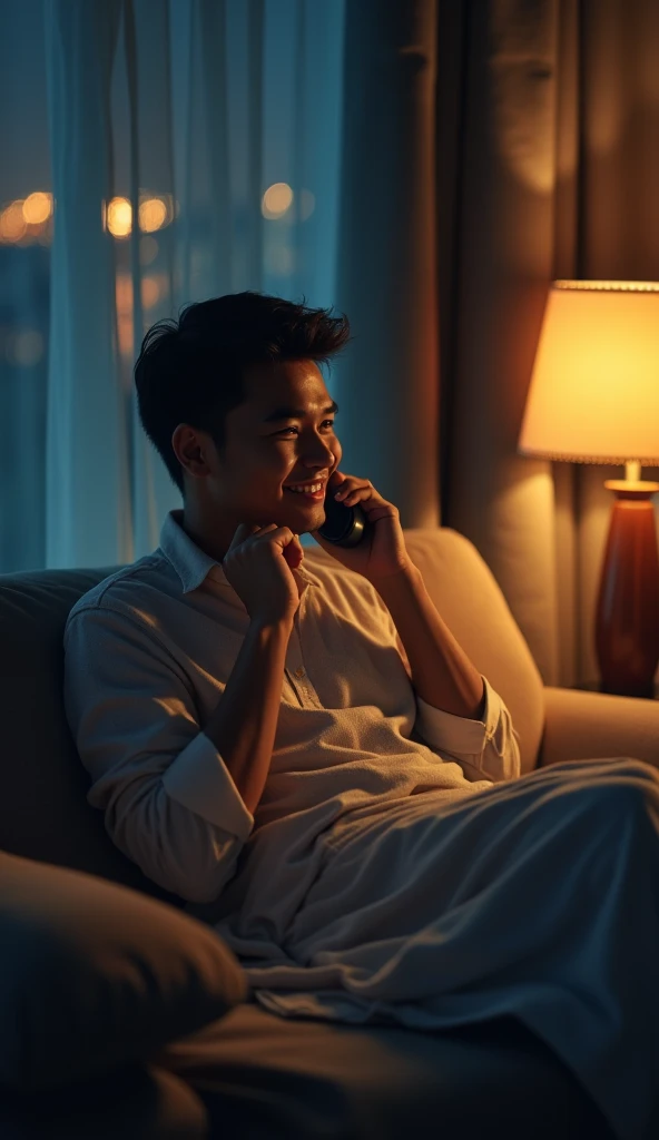 Indonesian male 30 years old smiling on the phone on the desk phone while dreaming without clothes on with a blanket under his stomach on the sofa in the living room at night
