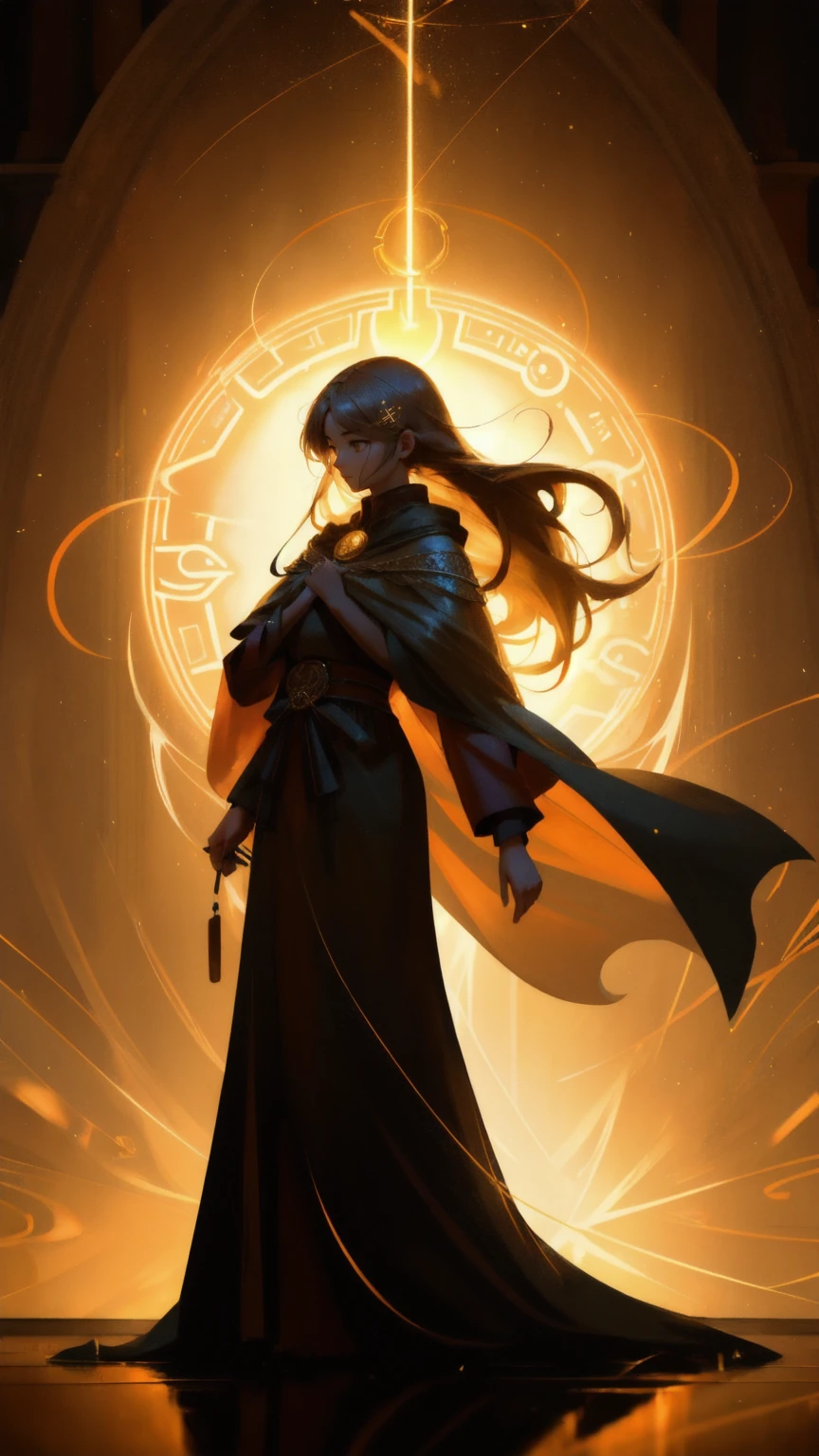 A mysterious, radiant woman with long, flowing hair, dressed in an ancient cloak, standing in the middle of a grand hall bathed in warm yellow light. She holds an illuminated chest labeled 'Satoshi's Lost Wallet,' surrounded by a swirling vortex of glowing Bitcoin symbols. The Bitcoins hover in the air, casting reflections on the walls, where shadowy figures and historical paintings are partially visible. The scene feels both enchanting and suspenseful, with golden light beams breaking through the dim background."