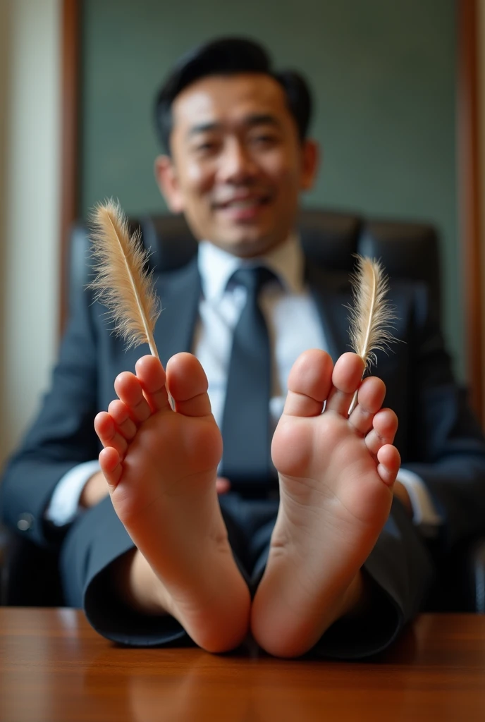 Malaysia 2 lawyer
Suit and tie
Bare feet
Black sock feet on desk
5 toes each feet
He's ticklish
Focus on his feet
His feet being tickle by feather duster