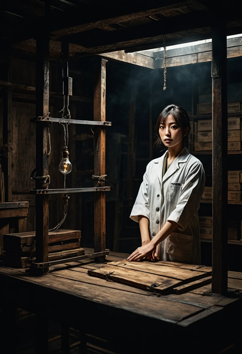 Misaki Sato, a genius botanist; a beautiful girl, bound hand and foot to a steel pole in the center of the back side, unable to move; a determined figure; a lab coat that remains clean; sweat beading on the forehead; a warehouse; a high ceiling with bare beams; light streaming through the window; a spotlight from a suspended bulb; machines and wooden boxes casting ominous shadows; tense atmosphere. contrast Noirish lighting, gritty textures, thriller film stills, strong gaze, intricate detail, faded, highly detailed eye, highly detailed eye, 16k resolution, RAW, creative, masterpiece, fantasy, super detailed, high resolution, high quality, 8k, realistic, super detailed Dramatic Lighting, Soft Focus, Digital Illustration, Intricate Mechanics, Advanced Techniques, Dark Backgrounds, Cinematic, High Contrast, Moody, Strict, Atmospheric, (Top Quality, 4k, 8k, High Definition, Masterpiece: 1. 2), Ultra-Detailed, (Realistic, Graphic, Photorealistic: 1. 37) -- No glass --AR 16:9 --Stylize 1000
