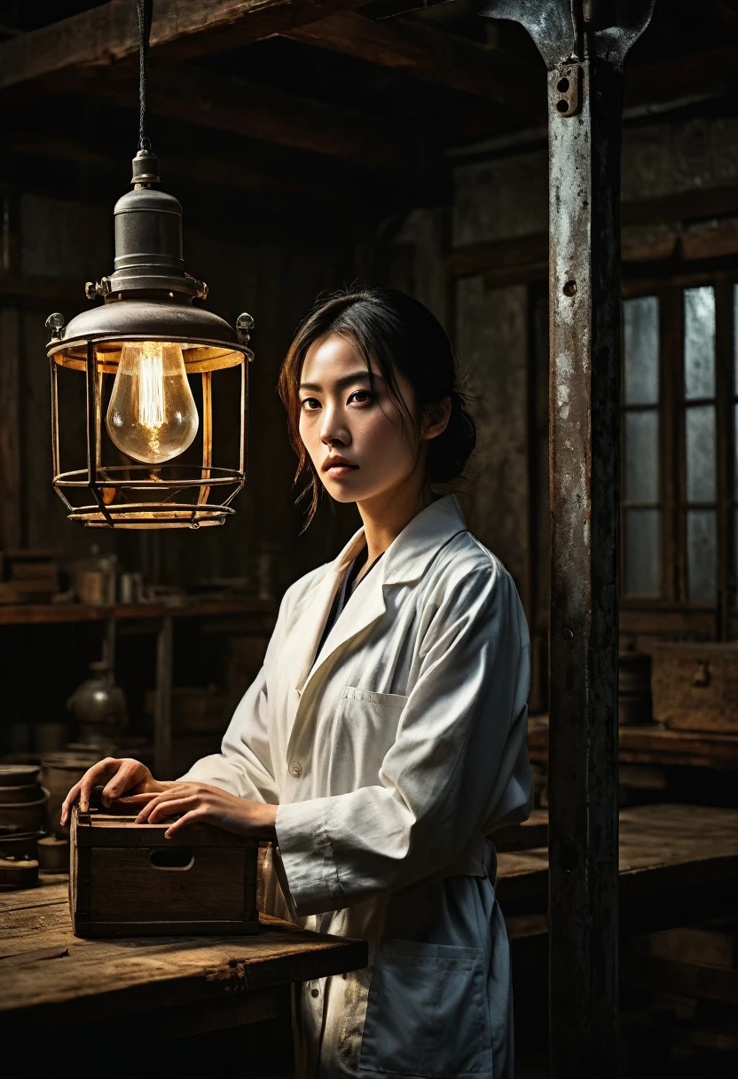 Misaki Sato, a genius botanist; a beautiful girl, bound hand and foot to a steel pole in the center of the back side, unable to move; a determined figure; a lab coat that remains clean; sweat beading on the forehead; a warehouse; a high ceiling with bare beams; light streaming through the window; a spotlight from a suspended bulb; machines and wooden boxes casting ominous shadows; tense atmosphere. contrast Noirish lighting, gritty textures, thriller film stills, strong gaze, intricate detail, faded, highly detailed eye, highly detailed eye, 16k resolution, RAW, creative, masterpiece, fantasy, super detailed, high resolution, high quality, 8k, realistic, super detailed Dramatic Lighting, Soft Focus, Digital Illustration, Intricate Mechanics, Advanced Techniques, Dark Backgrounds, Cinematic, High Contrast, Moody, Strict, Atmospheric, (Top Quality, 4k, 8k, High Definition, Masterpiece: 1. 2), Ultra-Detailed, (Realistic, Graphic, Photorealistic: 1. 37) -- No glass --AR 16:9 --Stylize 1000