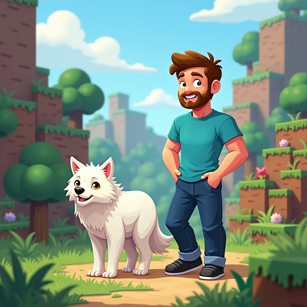 2D cartoon design of a man, brown short hair, brown beard, blue t-shirt, indigo pants, black shoes, human body without cube and his white wolf with real shape without cube in Minecraft land