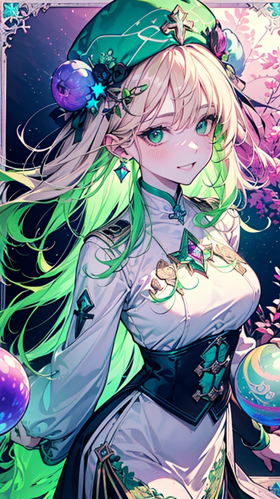 (blonde:1.2),(Curly long hair:1.25),(No bangs:1.25),(A round, transparent gemstone like a crystal in the center of the forehead:1.3),(light pink and green eyes:1.3),(Priest:1.3),(white, light green, green, and navy green monastic robes:1.3),(Veiled hat:1.25),(blush:1.2),(Small breasts:1.65),(Front view:1.5),(Crystal ball-like sphere:1.45),(Luxury rainbow frame with Arcana card motif:1.6),(smile:1.3),(Browsing Caution:1.05),(((For men:1.2)))