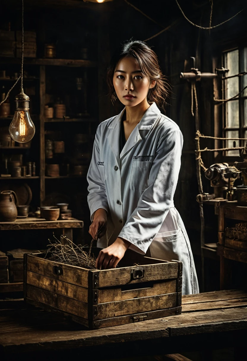Misaki Sato, a genius botanist; a beautiful girl, bound hand and foot to a steel pole in the center of the back side, unable to move; a determined figure; a lab coat that remains clean; sweat beading on the forehead; a warehouse; a high ceiling with bare beams; light streaming through the window; a spotlight from a suspended bulb; machines and wooden boxes casting ominous shadows; tense atmosphere. contrast Noirish lighting, gritty textures, thriller film stills, strong gaze, intricate detail, faded, highly detailed eye, highly detailed eye, 16k resolution, RAW, Nikon Z9, creative, masterpiece, fantasy, super detailed, high resolution, high quality, 8k, realistic, super detailed Dramatic Lighting, Soft Focus, Digital Illustration, Intricate Mechanics, Advanced Techniques, Dark Backgrounds, Cinematic, High Contrast, Moody, Strict, Atmospheric, (Top Quality, 4k, 8k, High Definition, Masterpiece: 1. 2), Ultra-Detailed, (Realistic, Graphic, Photorealistic: 1. 37) -- No glass --AR 16:9 --Stylize 1000