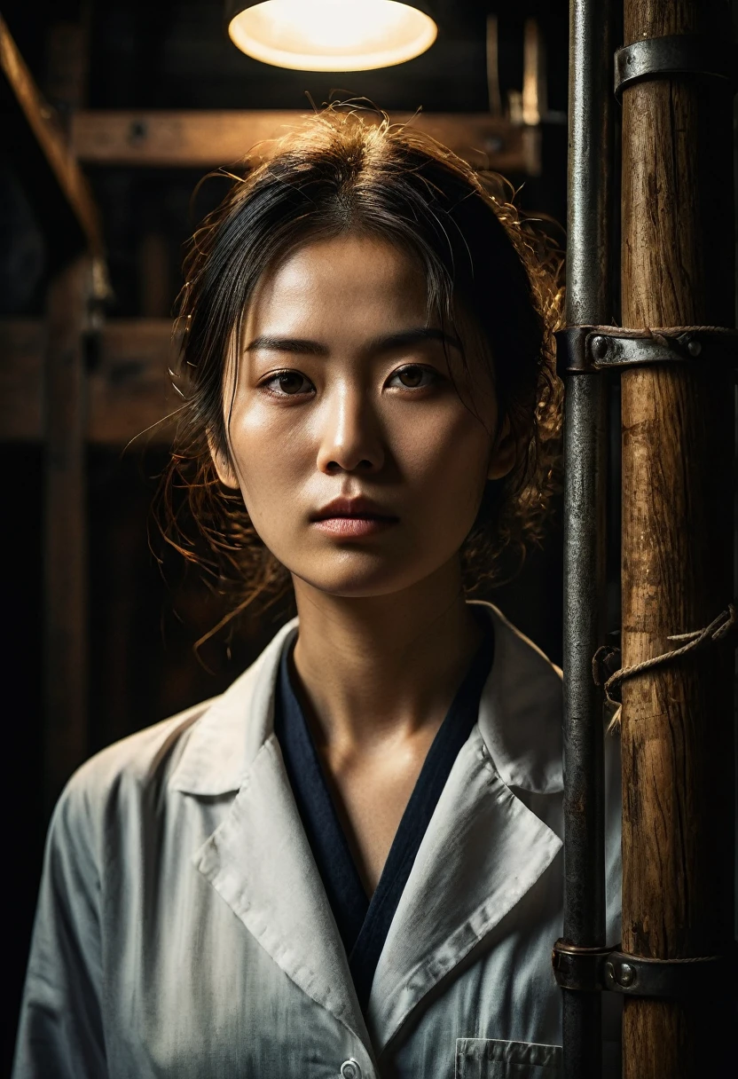 Misaki Sato, a genius botanist; a beautiful girl, bound hand and foot to a steel pole in the center of the back side, unable to move; a determined figure; a lab coat that remains clean; sweat beading on the forehead; a warehouse; a high ceiling with bare beams; light streaming through the window; a spotlight from a suspended bulb; machines and wooden boxes casting ominous shadows; tense atmosphere. contrast Noirish lighting, gritty textures, thriller film stills, strong gaze, intricate detail, faded, highly detailed eye, highly detailed eye, 16k resolution, RAW, Nikon Z9, creative, masterpiece, fantasy, super detailed, high resolution, high quality, 8k, realistic, super detailed Dramatic Lighting, Soft Focus, Digital Illustration, Intricate Mechanics, Advanced Techniques, Dark Backgrounds, Cinematic, High Contrast, Moody, Strict, Atmospheric, (Top Quality, 4k, 8k, High Definition, Masterpiece: 1. 2), Ultra-Detailed, (Realistic, Graphic, Photorealistic: 1. 37) -- No glass --AR 16:9 --Stylize 1000