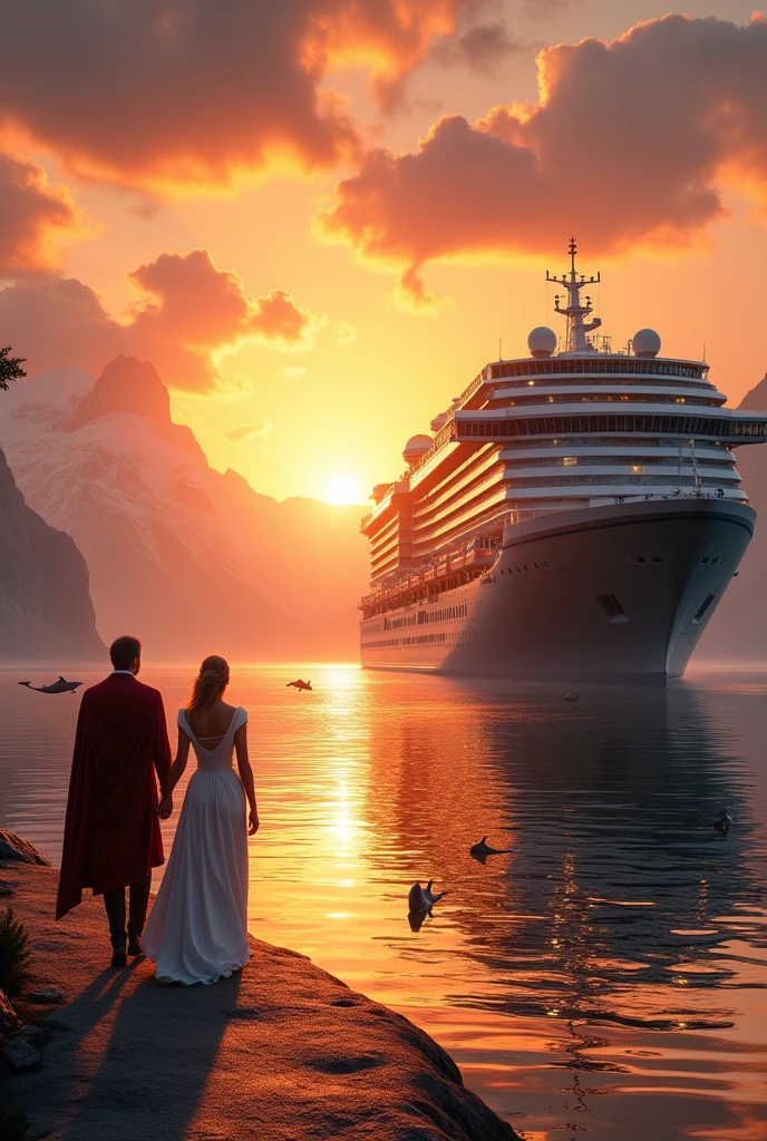 Far pic of a giant cruise ship and king and queen walking on ship to see sunset and mohntans very far and dolphins jumping around