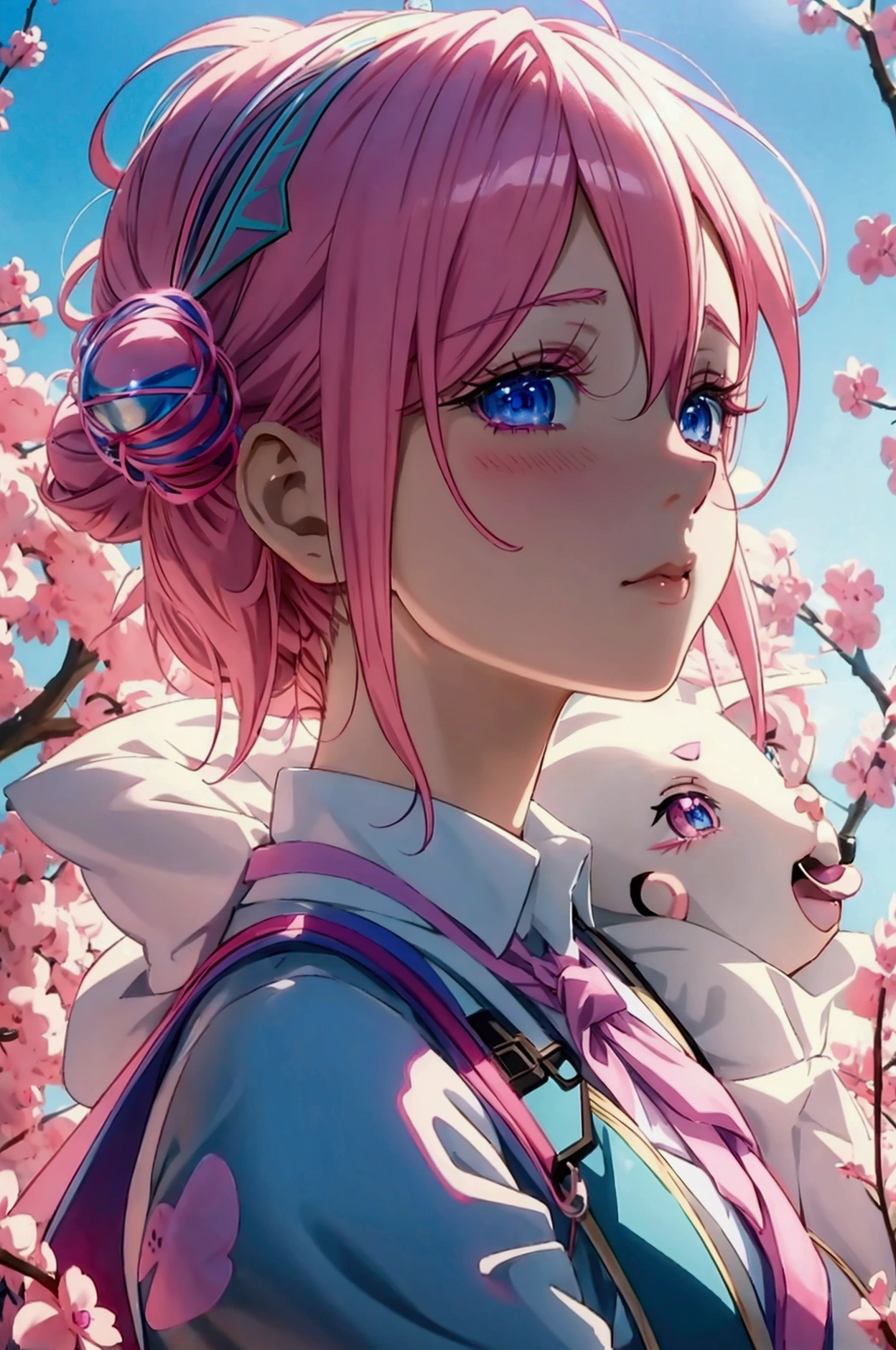 anime girl with pink hair and blue eyes wearing a vest, render of april, sayori, close up iwakura lain, 8k portrait render, render of a cute 3d anime girl, photorealistic anime girl render, smooth anime cg art, close up of a young anime girl, anime visual of a cute girl, rin, anime moe artstyle