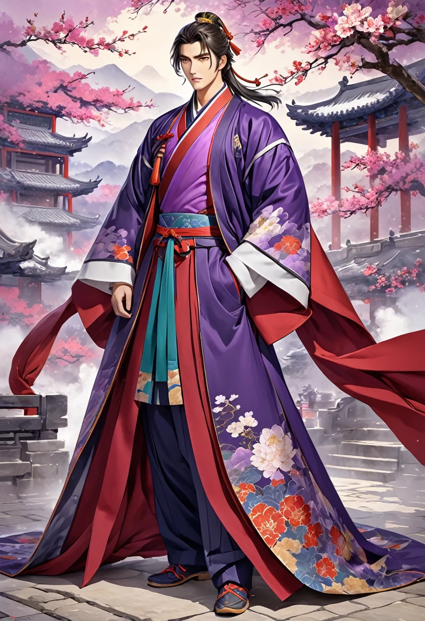 Romance of the Three Kingdoms Zhou Yu, handsome, Full body exposed, Clothes made of a coat, clothes made only of cloth, youth, Purple colored clothes