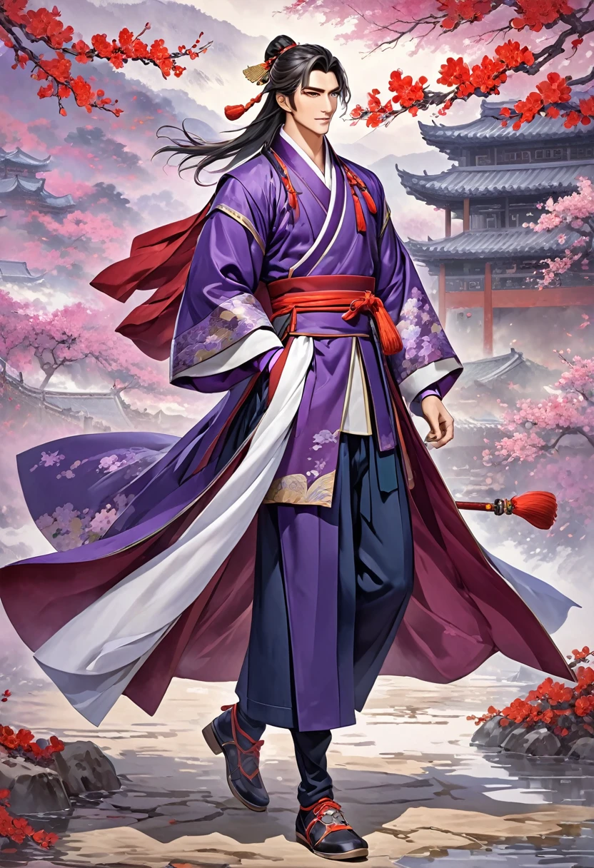 Romance of the Three Kingdoms Zhou Yu, handsome, Full body exposed, Clothes made of a coat, clothes made only of cloth, youth, Purple colored clothes
