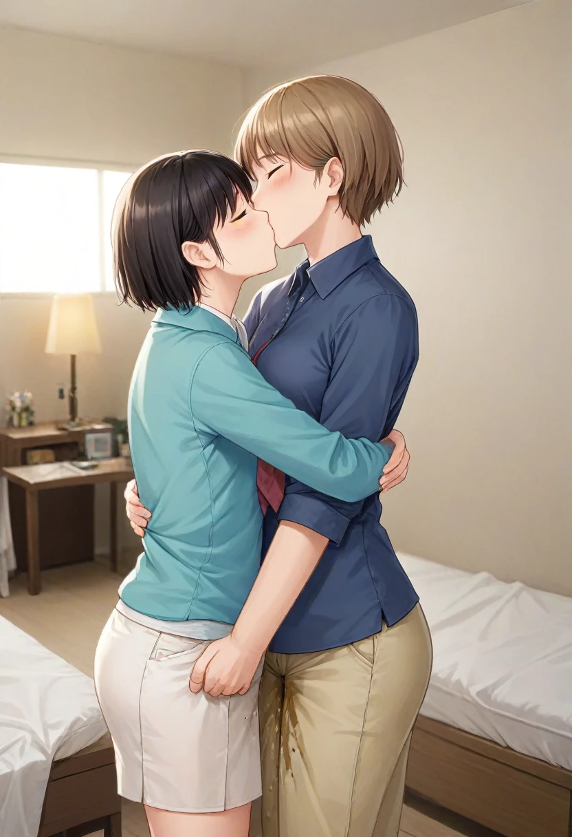 (Practical, photo-Practical:1.4), (best quality,masterpiece:1.2), RAW photos, high resolution, Intricate details, Extremely detailed, Clear focus, Movie Lighting, (whole body, Frontal photography:1.5), (couple, Two girls, A tall girl and a short girl:1.6), Japanese women standing, (couple hugging tightly each other and kissing roughly:1.5), (Grabbing another person's arm, Grab someone else's ass), Leaning against the wall outside the classroom, The face becomes smaller, Thin, slim的, slim, Thin legs, (Casual suits, skirt, Bare Legs, sock, Loafers, Wearing Tokiwadai School:1.4), Black Hair, (Delicate face, Beautiful and delicate eyes, Delicate nose), Pale skin,
(Own, Frequent urination while hugging each other, urination:1.8), (big piss pit, Urine stains, Urine runs down the legs),
Photo Background, indoors, hall,