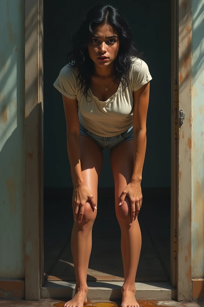 Girl with indian face, 21yo, near the outer door, Sadi, wets herself from fear while being threatened. peeing, (urination:0.1), (wet crotch:0.1), (wet patch:0.1), medium: oil painting, realistic:1.37, best quality, ultra-detailed, studio lighting, vivid colors, physcially-based rendering." standing, open legs, peeing stream, scared expression.