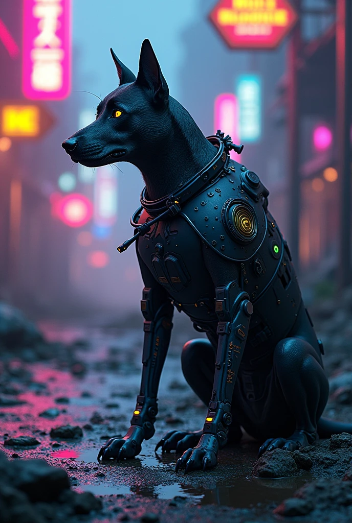 Cyber Mine detection dog aitting near minefield with neon lights 