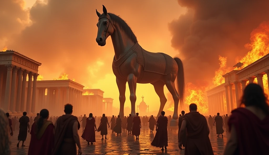 Slightly Blurry inage if troy (Greek city) burning seen from the battlefield, while a gigantic wooden horse is being kept in the central square of the city, cinematic HD.