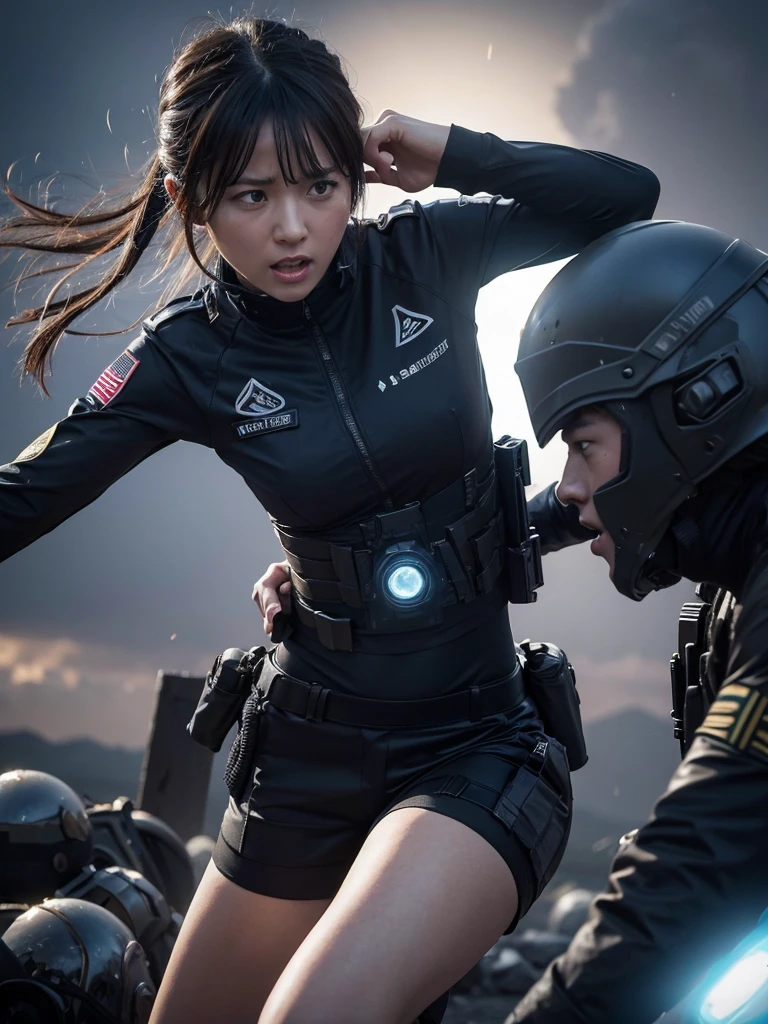 A woman in combat gear being attacked by aliens
