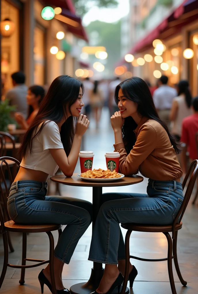 ((best quality)), ((masterpiece)), (detailed), (photorealism:1.2), details, warm colors, 2women, beautiful asian woman(sexy curve body), wearing random shirt and jeans, high heels, fullbody, sitting and talking in the outdoor starbucks at the mall, many people(man and women), there is a cup of coffee and snacks chips on the table