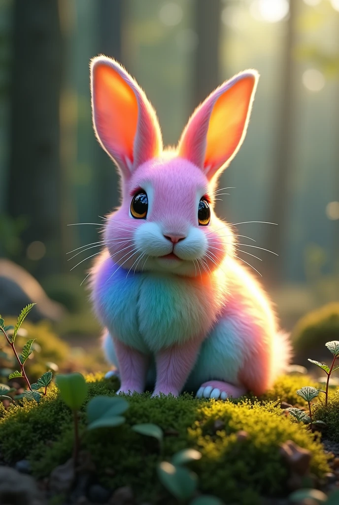 The image depicts an adorable and highly realistic rabbit situated in a lush, natural forest setting. The rabbit is the centerpiece, drawing immediate attention due to its extraordinary fur, which is a mesmerizing blend of all the colors of the rainbow, with vibrant hues seamlessly transitioning from one to another. The colors are enhanced by neon effects, giving the fur a glowing, iridescent quality, especially at the edges where the colors shimmer and change as if lit from within. The rabbit's large, dark, and expressive eyes reflect the soft sunlight filtering through the dense canopy of trees above. Its delicate ears stand alert, and its small, twitching nose adds to its overall cuteness. The rabbit sits calmly on a bed of soft green moss, surrounded by ferns and other forest undergrowth. The background is a mix of rich greens and earthy browns, with the forest extending into a soft blur, ensuring the viewer's focus remains on the rabbit. Sunlight streams through the trees, creating dappled patterns on the forest floor and highlighting the rabbit's colorful fur in a magical way, making the neon edges sparkle subtly. The scene is a harmonious blend of the natural and the fantastical, capturing the rabbit as a mystical creature in a serene woodland environment. This photorealistic image is rendered in 4K resolution, with high dynamic range (HDR) and soft lighting to enhance the ethereal atmosphere, focusing on intricate details like the texture of the moss and the delicate veins of the leaves.
