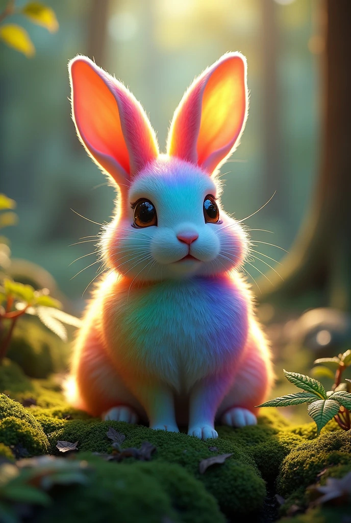 The image depicts an adorable and highly realistic rabbit situated in a lush, natural forest setting. The rabbit is the centerpiece, drawing immediate attention due to its extraordinary fur, which is a mesmerizing blend of all the colors of the rainbow, with vibrant hues seamlessly transitioning from one to another. The colors are enhanced by neon effects, giving the fur a glowing, iridescent quality, especially at the edges where the colors shimmer and change as if lit from within. The rabbit's large, dark, and expressive eyes reflect the soft sunlight filtering through the dense canopy of trees above. Its delicate ears stand alert, and its small, twitching nose adds to its overall cuteness. The rabbit sits calmly on a bed of soft green moss, surrounded by ferns and other forest undergrowth. The background is a mix of rich greens and earthy browns, with the forest extending into a soft blur, ensuring the viewer's focus remains on the rabbit. Sunlight streams through the trees, creating dappled patterns on the forest floor and highlighting the rabbit's colorful fur in a magical way, making the neon edges sparkle subtly. The scene is a harmonious blend of the natural and the fantastical, capturing the rabbit as a mystical creature in a serene woodland environment. This photorealistic image is rendered in 4K resolution, with high dynamic range (HDR) and soft lighting to enhance the ethereal atmosphere, focusing on intricate details like the texture of the moss and the delicate veins of the leaves.
