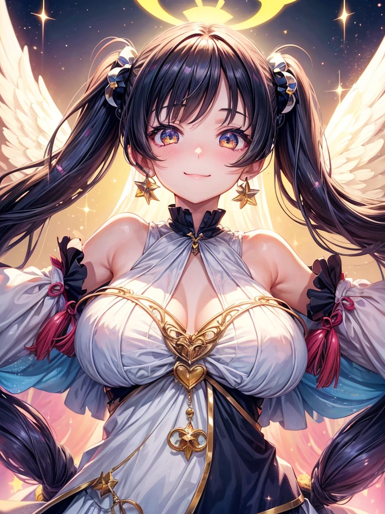 One girl, Twin tails, accessories, Earrings, accurate, chest, happiness/joy, Bright Eyes, Simple Background, Sparkle Effect, stereofuturism, crystal、
fortune teller、Angel Halo, Long Hair, , Heart-shaped eyes, star、goddess