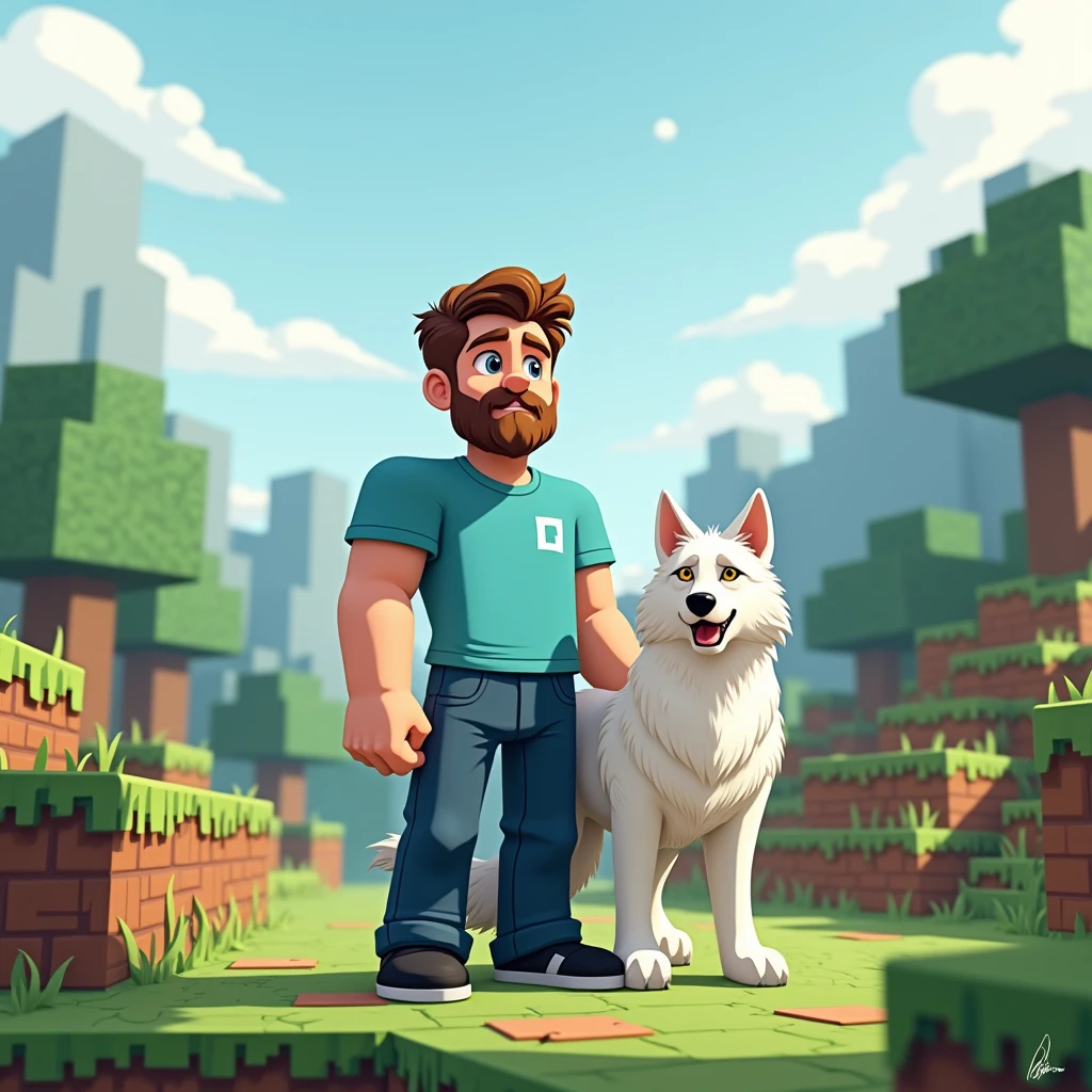 2D cartoon design of a man, brown short hair, brown beard, blue t-shirt, indigo pants, black shoes, human body without cube and his white wolf with real shape without cube in Minecraft land