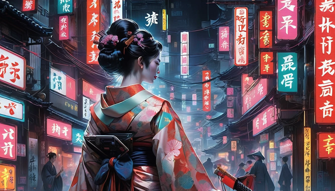 Navigate the labyrinthine back alleys of Neo Tokyo, geisha, kabuki Cyberpunk: Navigate the digital world with grace. Traditional kimonos are intricately woven with circuit patterns, she balances the elegance of geisha with the prowess of a hacker. Neon illuminated Chinese characters illuminate the background、She interfaces seamlessly with the holographic interface., Embodying the fusion of ancient elegance and technology , Facing forward