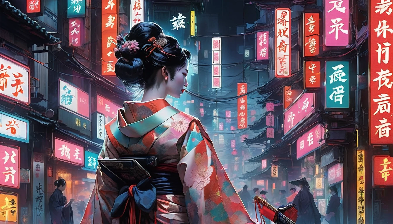 Navigate the labyrinthine back alleys of Neo Tokyo, geisha, kabuki Cyberpunk: Navigate the digital world with grace. Traditional kimonos are intricately woven with circuit patterns, she balances the elegance of geisha with the prowess of a hacker. Neon illuminated Chinese characters illuminate the background、She interfaces seamlessly with the holographic interface., Embodying the fusion of ancient elegance and technology , Facing forward