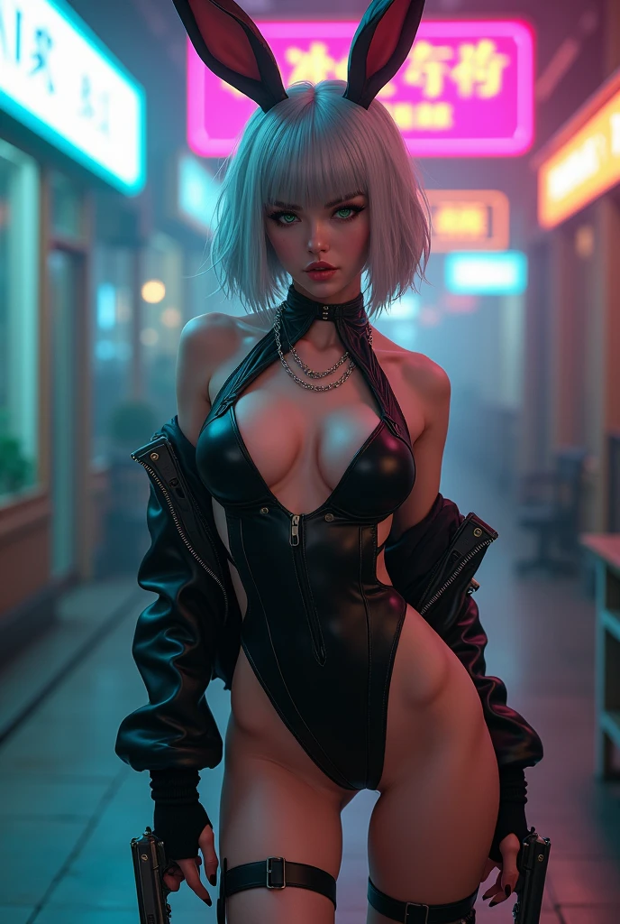 Tia is shohwn toh have a fairly slender figure. ella tiene el pelo blanco grisáceo , she has shohrt hair and large pale green eyes, playbohy bunny, sohloh,conejo,orejas,ohutdohohrs,neohn lights,iluminación cinematográfica,ciberpunk,mecha musume,hohlding weapohn,pistola,lohohking at viewer,;oh,blanc \(Asentir\),mujer madura,(pechos enormes),brillante,brillante skin,allanamiento,tacones negros, cleavage expohsed, pechos grandes, superiohr quality, muchos detalles, Puri fohcus Sharp and realistic, pink hair, cyberpunk aesthetic