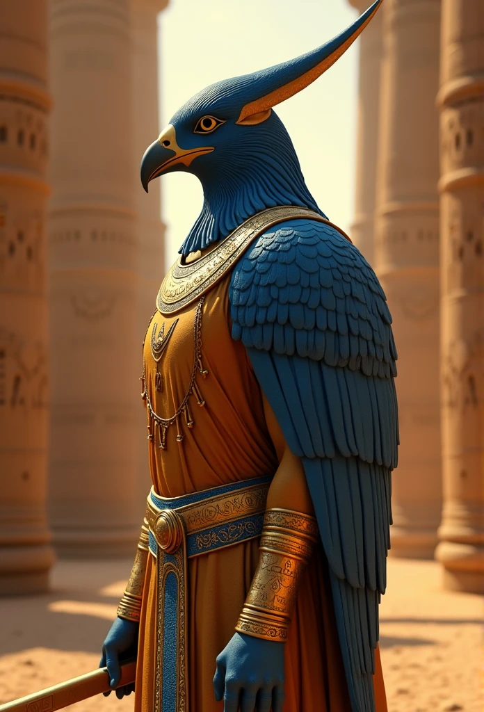 (((God Horus)))best quality, ultra-high resolution, 4K detailed CG, master piece, Horus, Egyptian god, Egyptian mythology, Egyptian temple, Egyptian palace, Egyptian clothing, ((Blue Falcon Head)), desert, aesthetics, Beautiful image, centered on the screen
