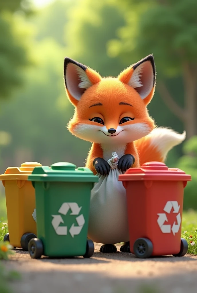 Fox throws trash,  has three sorting trash cans diffirent color  . And fox have a bag trash in hand . Fox is 3d and cute. And background have many trees
