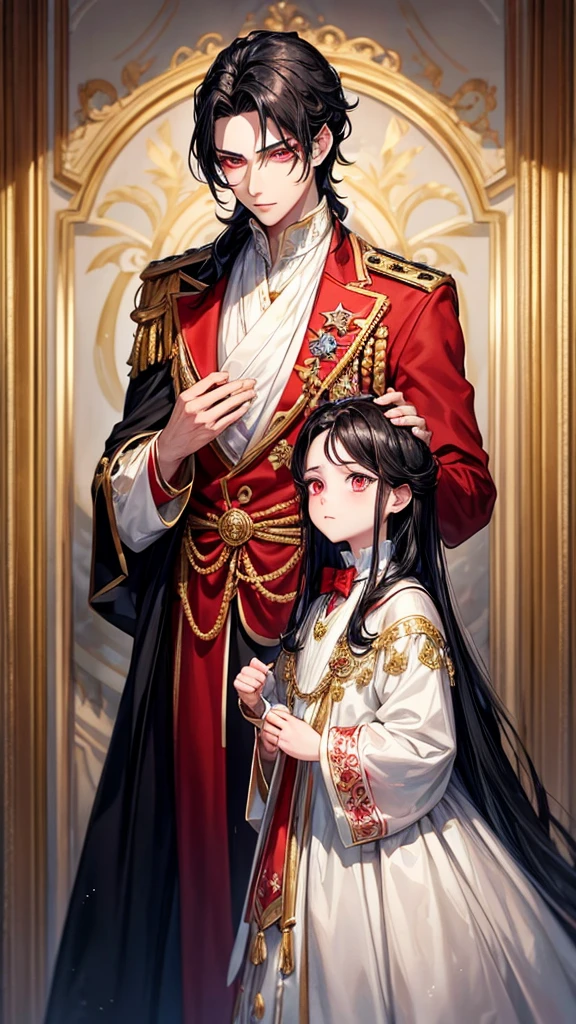The boy with black hair and red eyes. He is pretty, cute and dressed in royal attire, is looking up at a another taller boy who is long golden hair and Goldeneye.