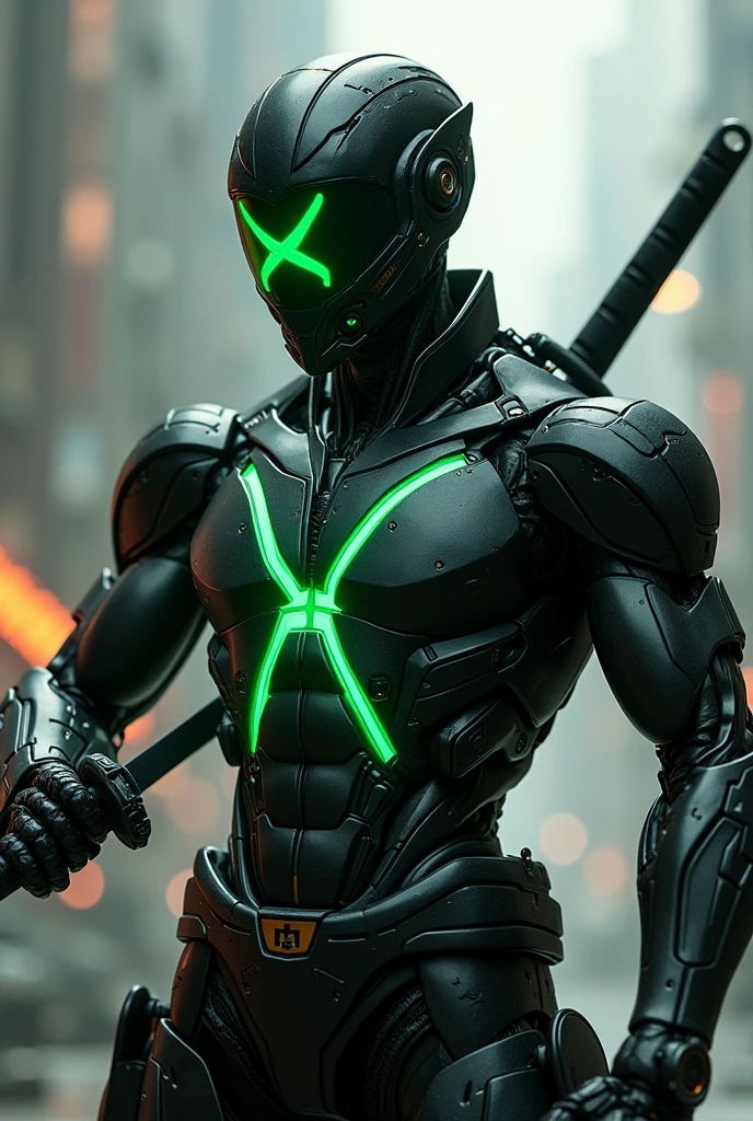 Man wearing black robotic suit with green line on the suit and big x logo on the chest with green color and wearing robotic helmet with green x shape visor holding katana sword