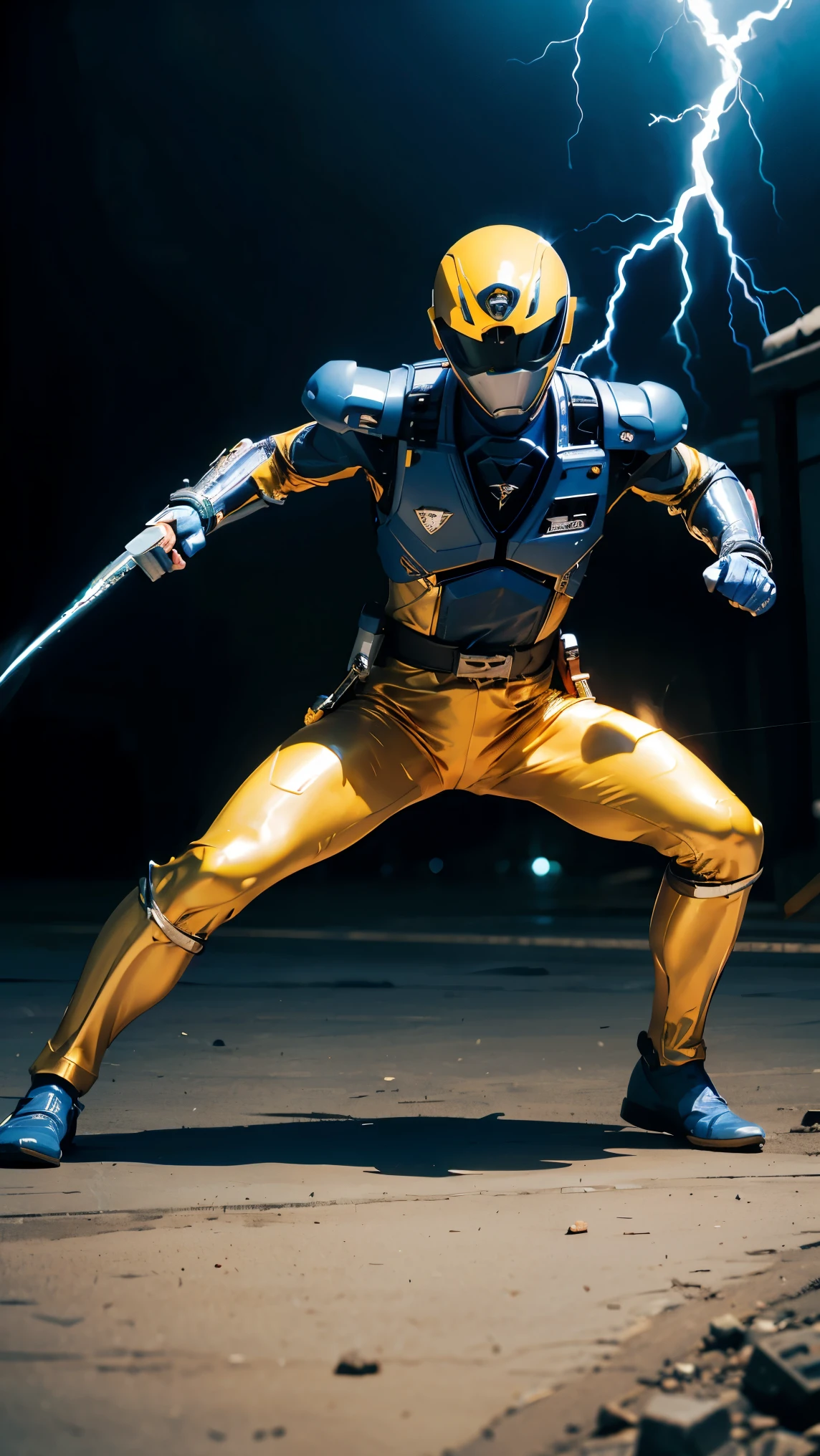 1boy, full body, Illustration, cinematic light, high resolution, best quality, ultra-detailed, masterpiece, power suit, powerranger, suit, spd, gold detail, ((silver suit)), thunder particle, lightning,  ((ninja inspired pose))