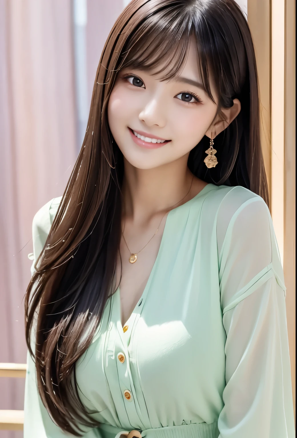 masterpiece、Highest quality、whole body、One Girl、bangs、Japanese、Long Black Hair、Long Hair、smile、alone、Morning Glory、Stylish woman、pastel colored outfits、front、Luxury background elements、Confident expression、Modern and trendy、Fashion focus