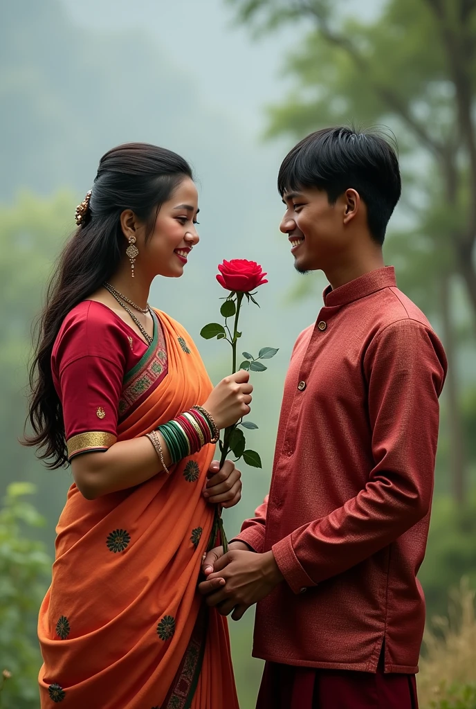 Nepali beautiful couple giving rose realistic photo