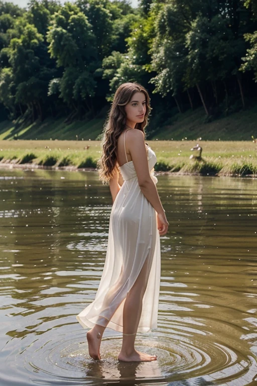 woman, Russian appearance, in a long translucent dress, Cheerful, With long wavy hair, barefoot on the river bank admiring the ducks.