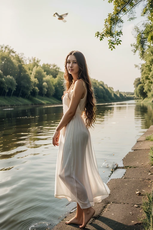 woman, Russian appearance, in a long translucent dress, Cheerful, With long wavy hair, barefoot on the river bank admiring the ducks.