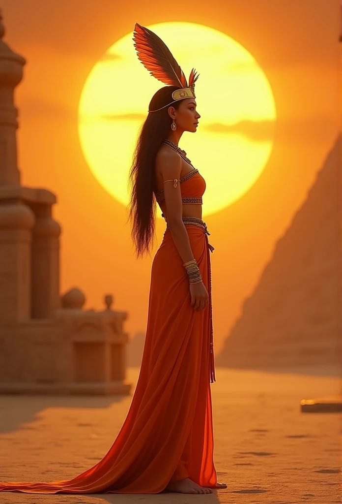 ((Maat feather adornment))) best quality, very high resolution, 4K detailed CG, masterpiece, Egyptian mythology, Maat, woman, sun in the background, Ancient Egypt, standing pose, orange clothes, Egyptian clothes, temple Egyptian, desert, Ancient Egypt, ((standing pose)), Egyptian palace, aesthetics, beautiful image, centered on screen, full body