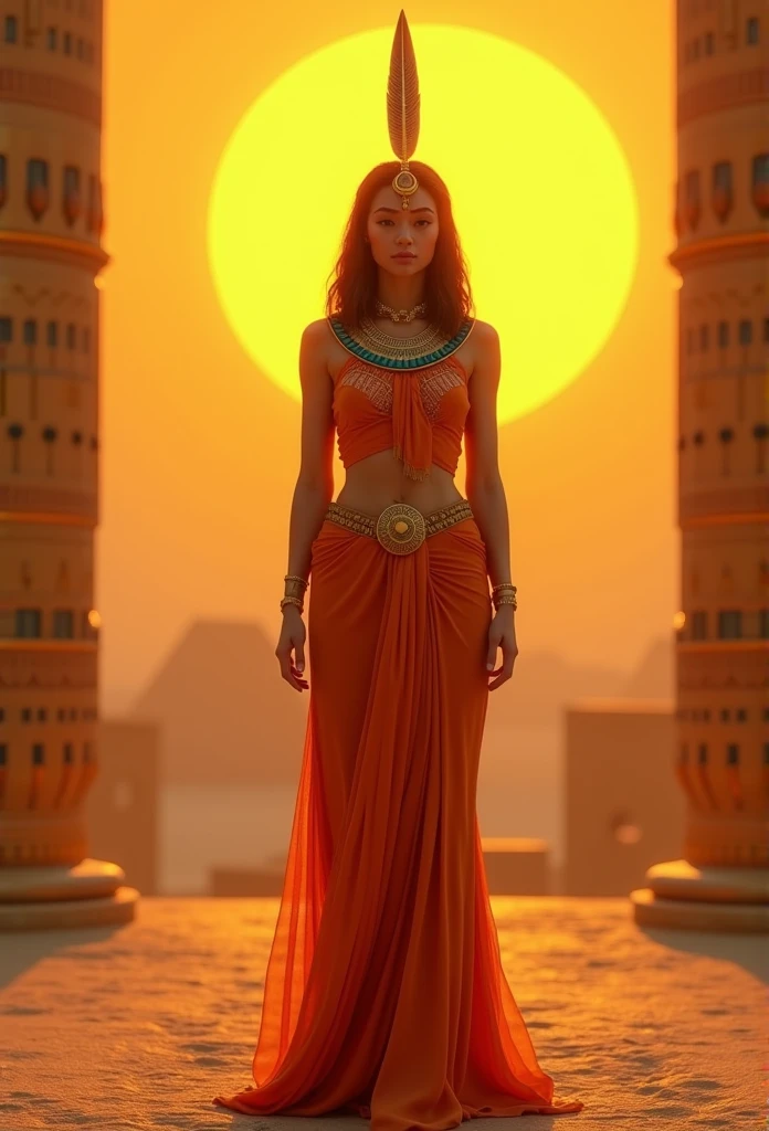 ((Maat feather adornment))) best quality, very high resolution, 4K detailed CG, masterpiece, Egyptian mythology, Maat, woman, sun in the background, Ancient Egypt, standing pose, orange clothes, Egyptian clothes, temple Egyptian, desert, Ancient Egypt, ((standing pose)), Egyptian palace, aesthetics, beautiful image, centered on screen, full body