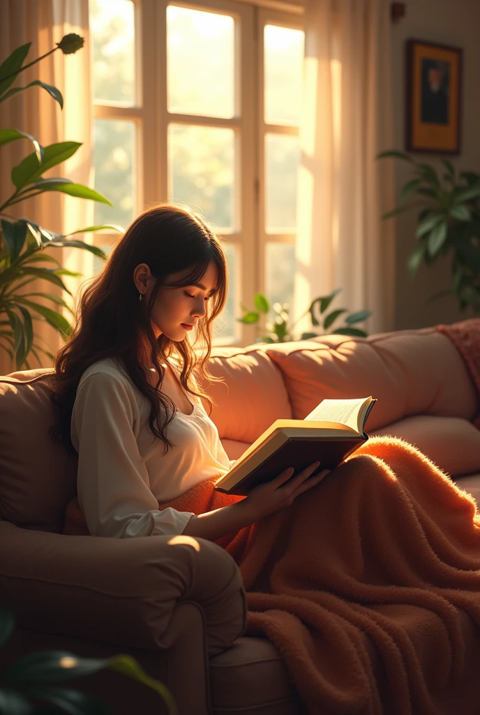 Woman reading a book on a sofa in a sunny living room with a flannel blanket covering her legs