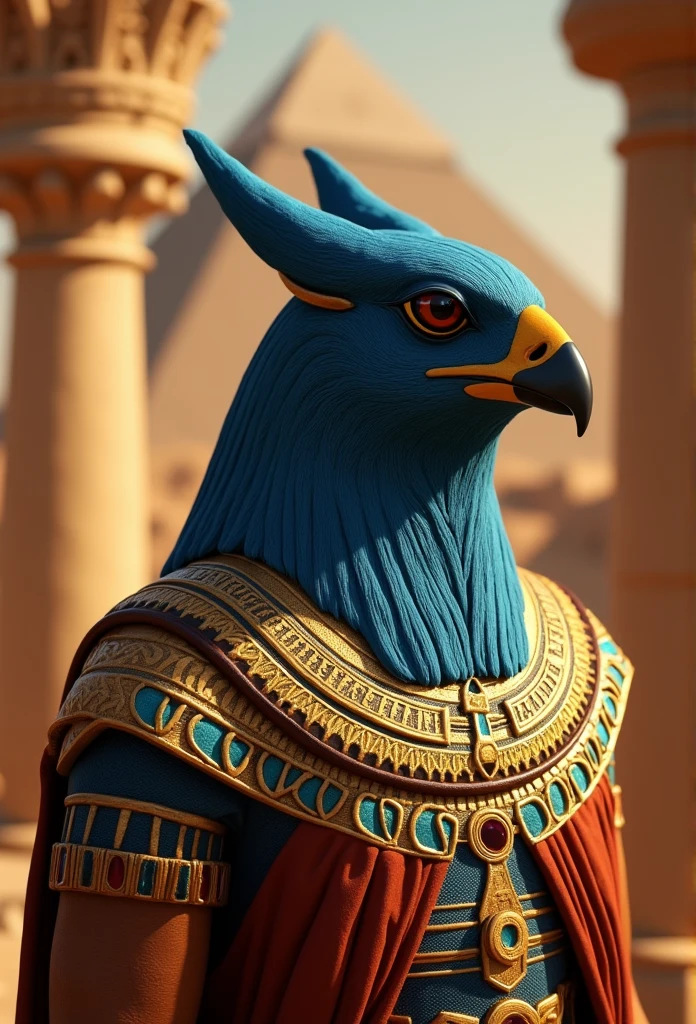 (((God Horus)))best quality, ultra-high resolution, 4K detailed CG, master piece, Horus, Egyptian god, Egyptian mythology, Egyptian temple, Egyptian palace, Egyptian clothing, ((Blue Falcon Head)), desert, aesthetics, Beautiful image, centered on the screen