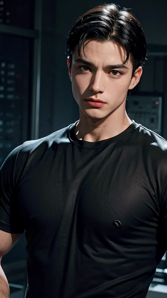 Young Bruce Wayne man black hair, big muscular body, black t-shirt, in a dark room closeup face short