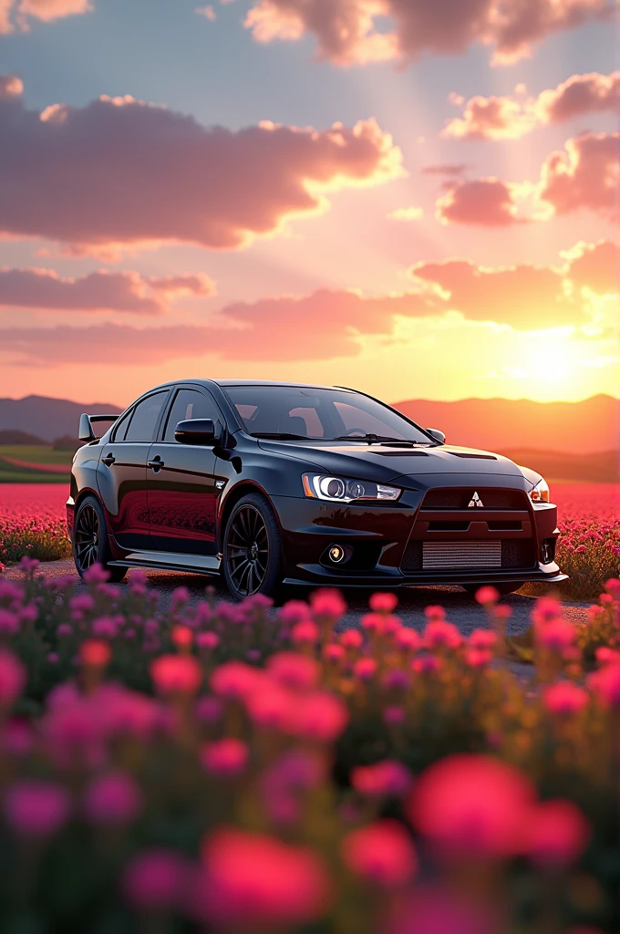 4 k image, paisaje, late afternoon, Akatsuki sky yellow sun, blur in the background. With a black LANCER EVO, on a flower field