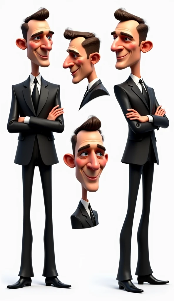 A consistent character design sheet of the caricature style of Daniel Craig's face, Black suit, full body, 3d shading, white background, different poses, different angles, front view, side view, perspective view.