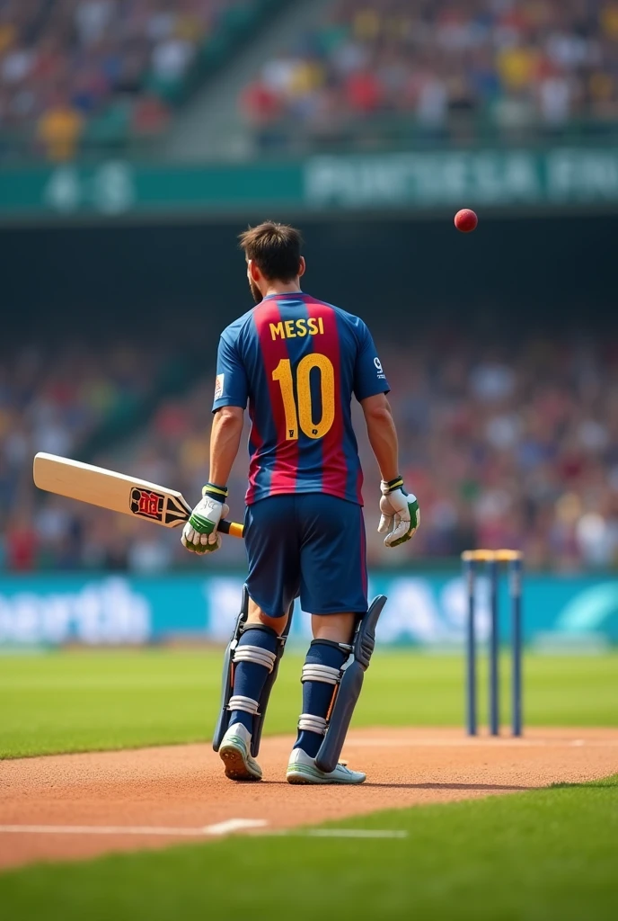 Messi is bating the small cricket ball with the bat