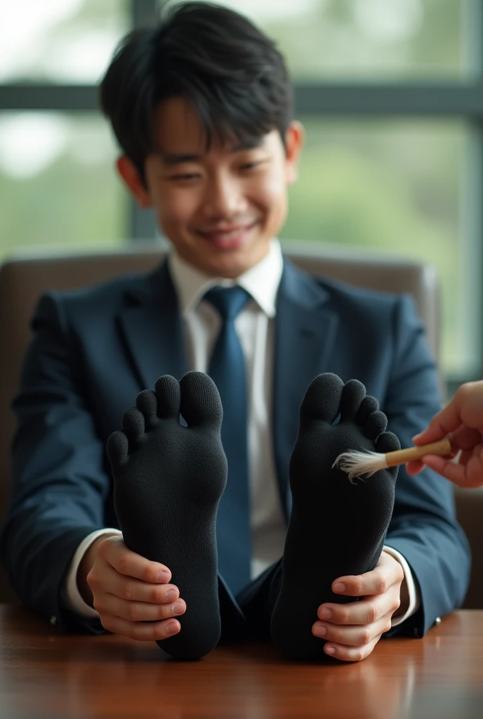Malaysia handsome 25 years university student
Suit and tie
Bare feet
Black sock feet on desk
5 toes each feet
He's ticklish
Focus on his feet
A man tickle his sock feet
His black sockfeet being tickle by feather duster