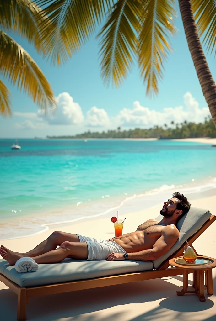 Messi is laying in a luxury sea beach 