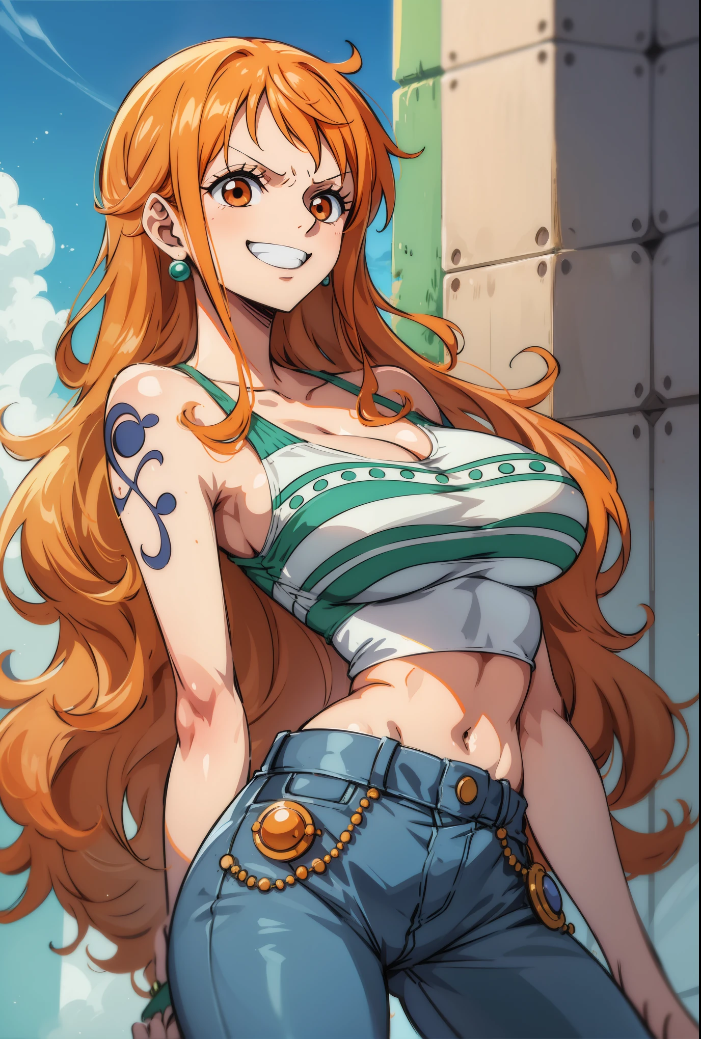 Generate a realistic anime-style image of Nami from One Piece. Capture her distinctive look with orange hair, a shirt, and a cheerful expression. Make sure the picture reflects your adventurous and confident personality as shown in the anime.., whole body, Wide plane , NSFW, Curvy athletic body, Island background,green bra top, Skirt,jeans， orange eyes, orange eyes, armpits , ass .