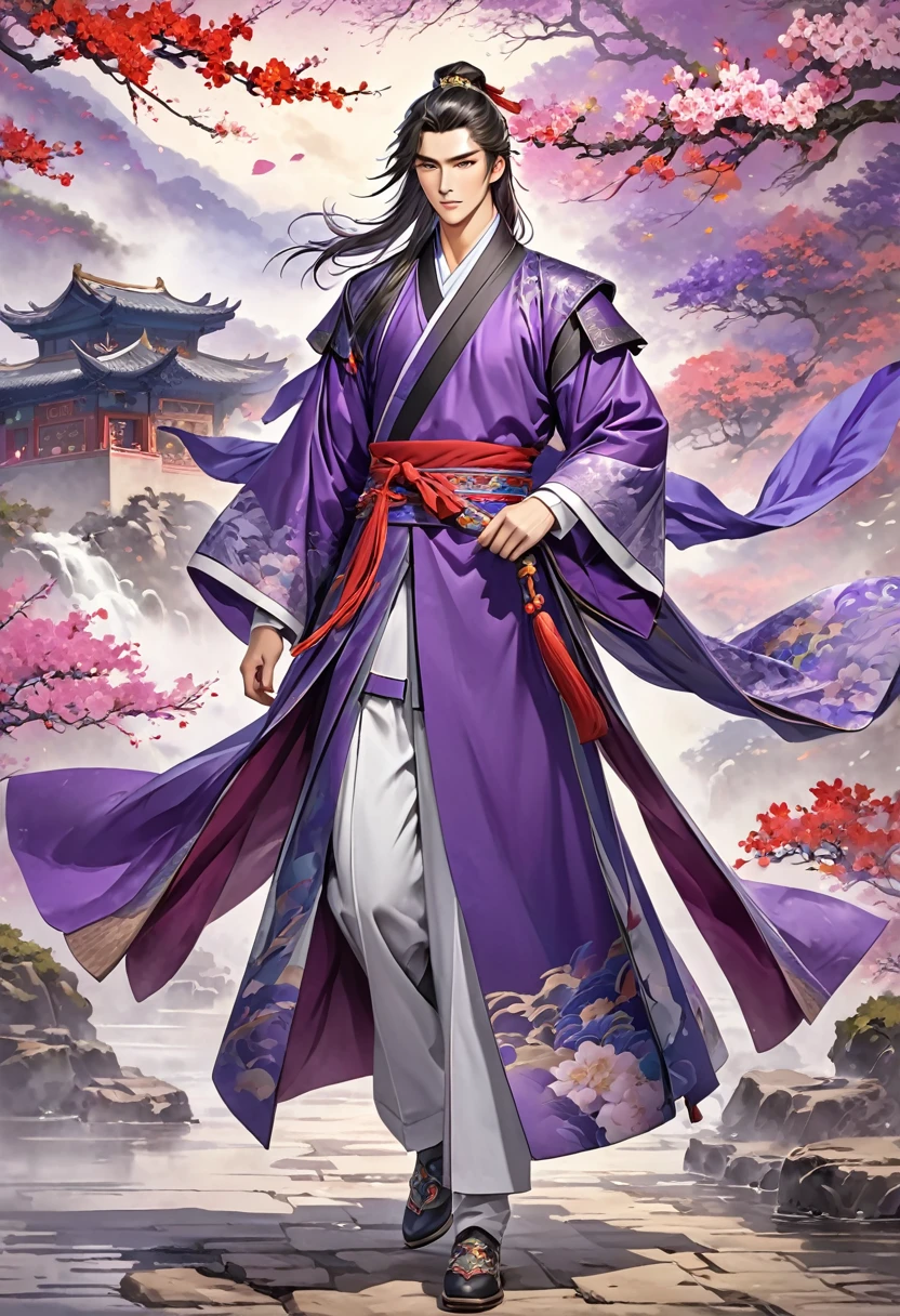 Romance of the Three Kingdoms Zhou Yu, handsome, Full body exposed, Clothes made of a coat, clothes made only of cloth, youth, Purple colored clothes
